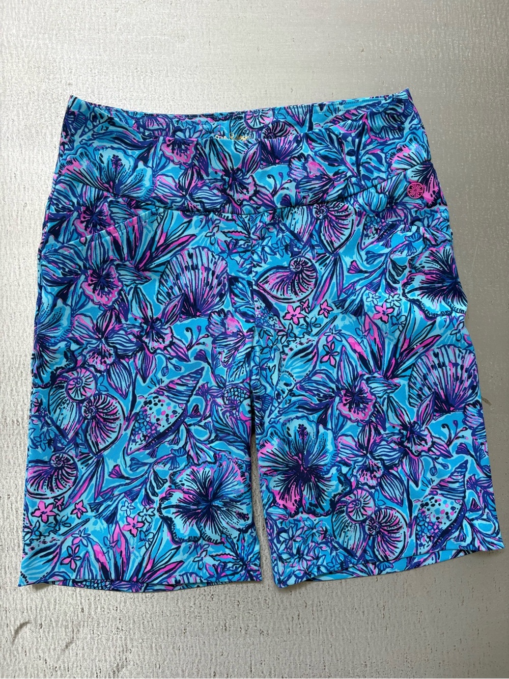 Lilly Pulitzer Aqua Floral Athleisure Shorts with Pink & Purple Accents